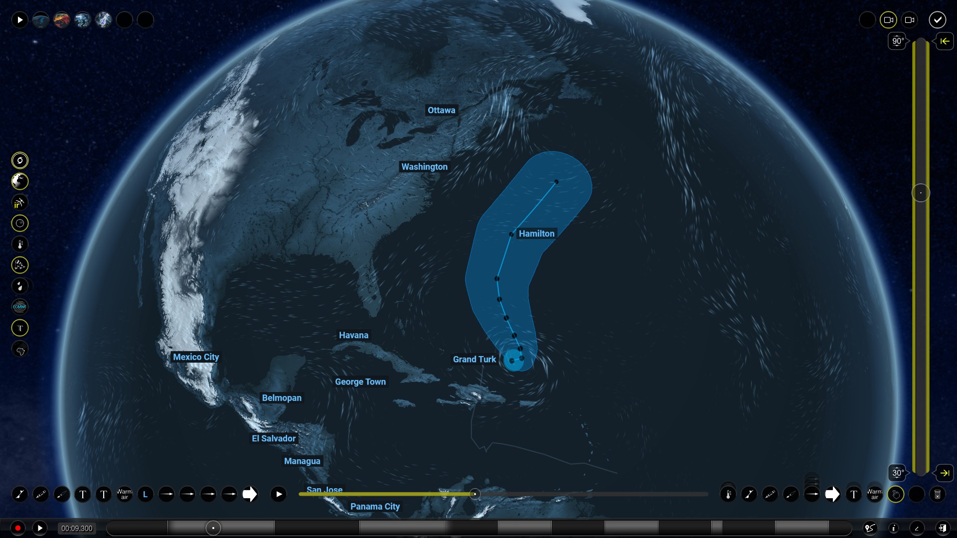 PresenterGlobe showing an interactive 3D globe with a tropical storm’s observed and forecast track